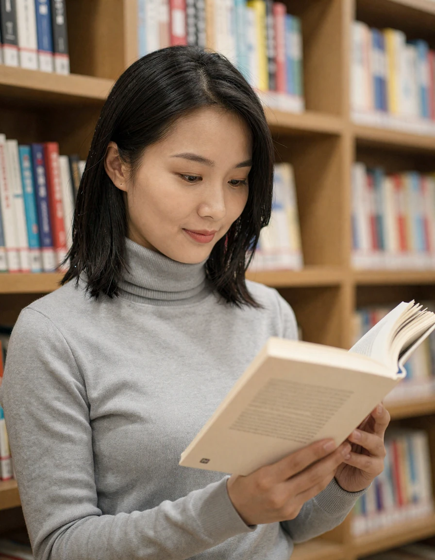 Chinese woman reading in a library with warm ambient light