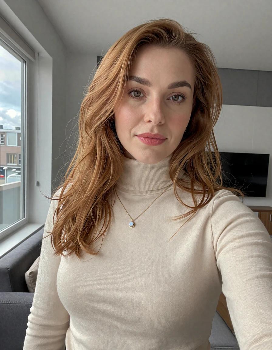 Slavic woman by a window exploring international dating options
