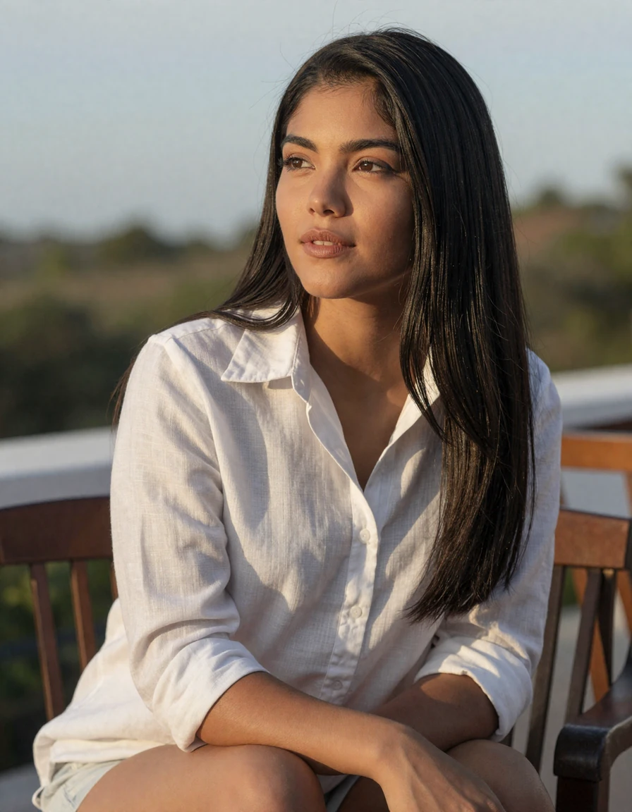 Colombian woman relaxing on a terrace during golden hour