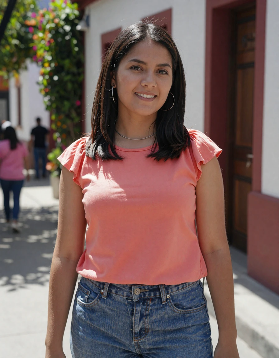 Mexican woman in casual outfit on a sunny street