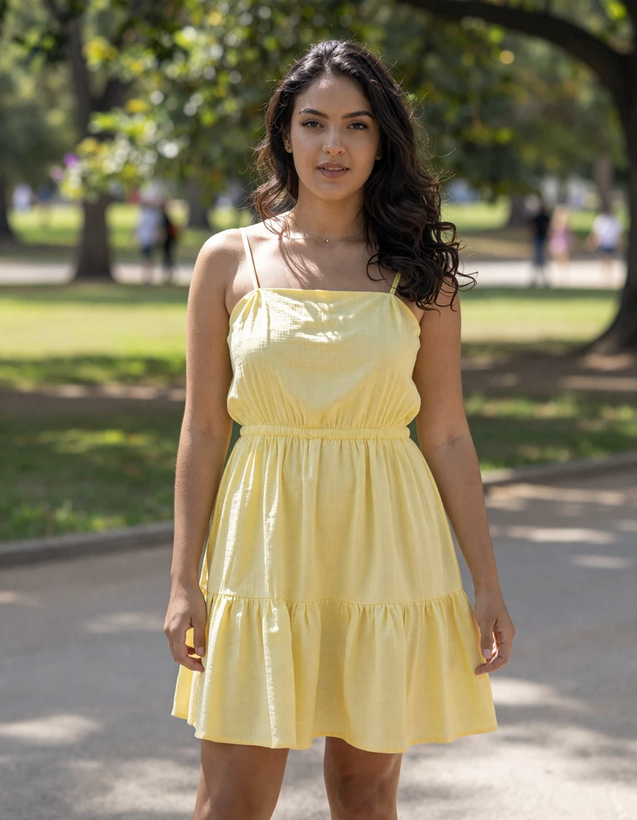 Brazilian woman in a sundress enjoying a sunny day outdoors